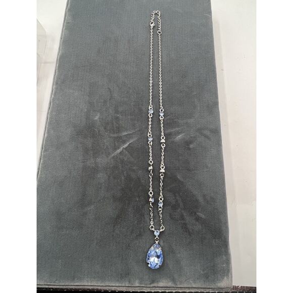 Ocean Blue Main Stone Necklace Chain Matching Rhinestones Silver Setting - Picture 2 of 6